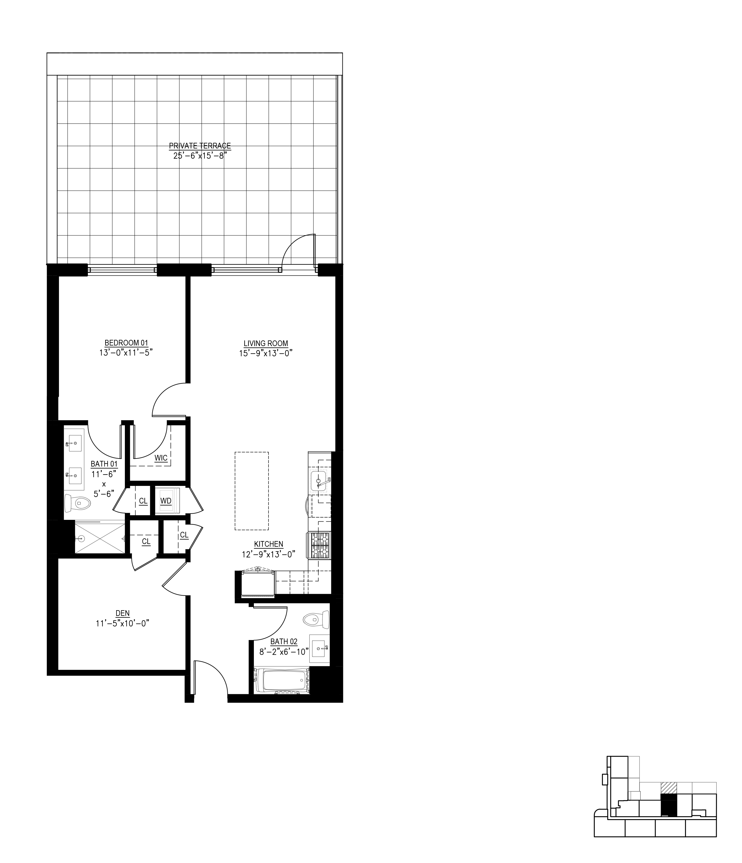 Floor plan for 2 beds, 2 baths, 973 sqft
